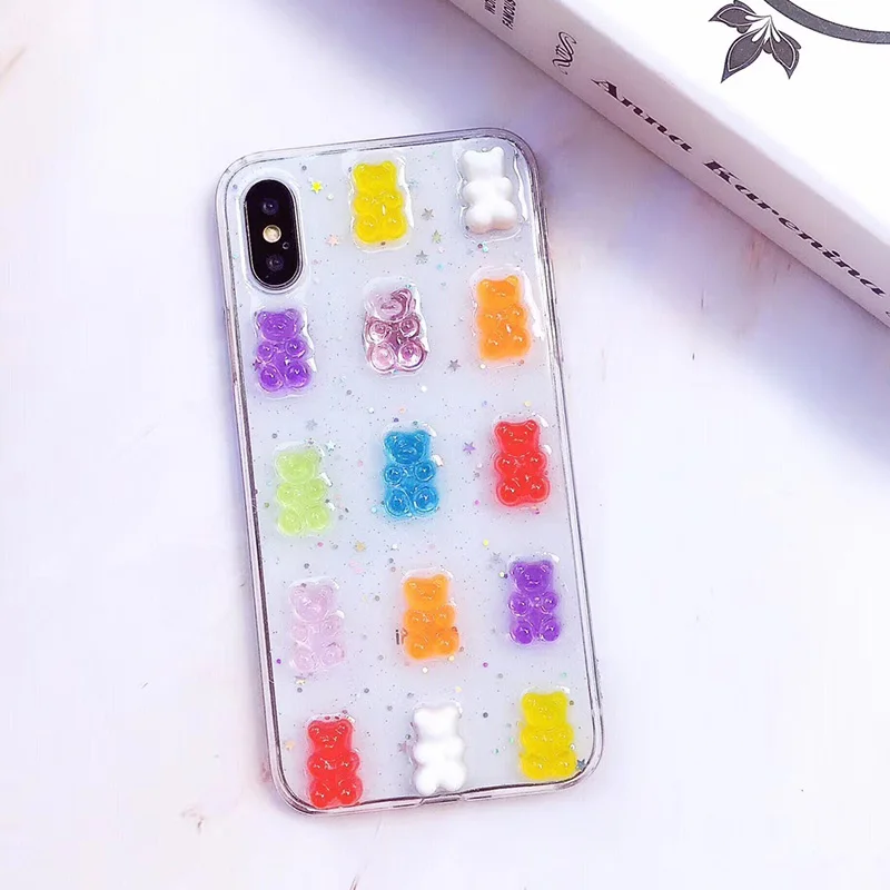 Cute 3D Stereo Candy Gummy Bear Glitter Phone Case For iPhone 15 14 13 12 11Pro Max X XS Max XR 11 13 Promax 14 15 Plus Cover