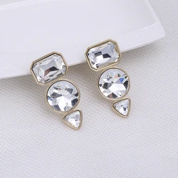 Trendy Big Geometric Transparent Glass Stone Clip On Earrings No Pierced for Women Boho Style Ear Clips with golden brincos