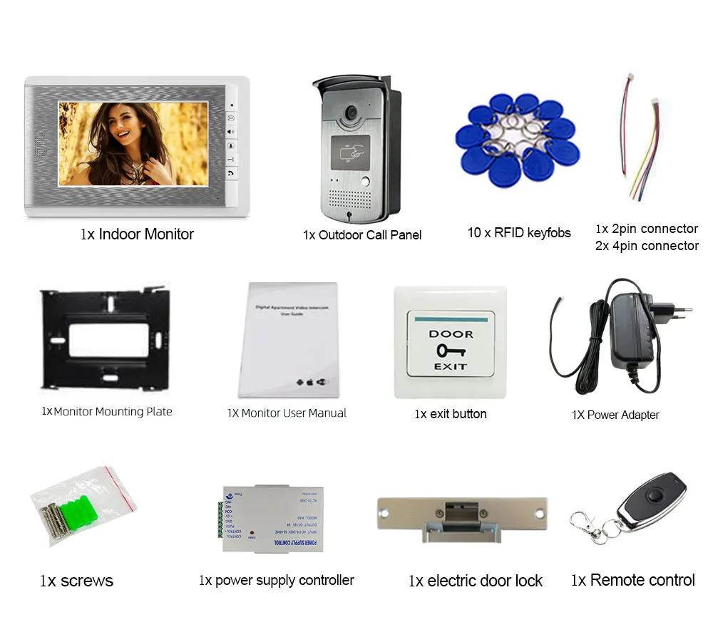 Sistema de intercomunicación para puerta y teléfono, dispositivo con cable de 7 pulgadas, 1 Monitor + 1 acceso RFID, cámara HD, cerradura eléctrica