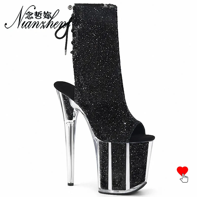 

Ботильоны для танцев на пилоне 20 см, с блестящими кристаллами, в стиле панк, на тонком каблуке 8 дюймов, с открытым носком, на толстой платформе, экзотические, для стриптиза