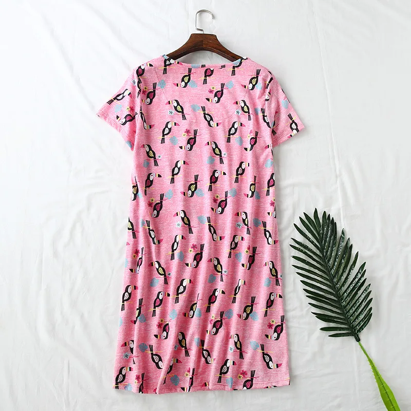 Summer Female Casual Cartoon Nightwear Dress Ladies Soft Cotton Nightgown Women Short Sleeve Round Collar Plus Size Sleep Dress