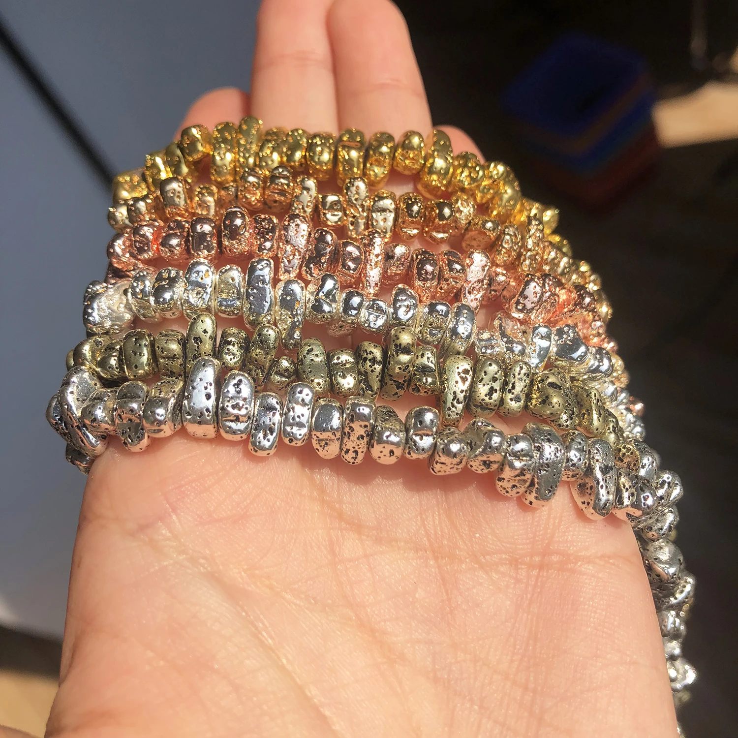 Natural Irregular Volcanic Lava Stone Rose Gold Silver Color Hematite Loose Beads for Jewelry Making DIY Bracelet 15\'\'Inches
