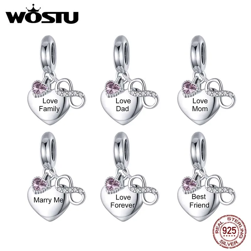 WOSTU Silver 925 Engraved Lettering Dangle Charm Personalized Name Pet  Zircon Heart Beads Fit Original Bracelet Jewelry C1922