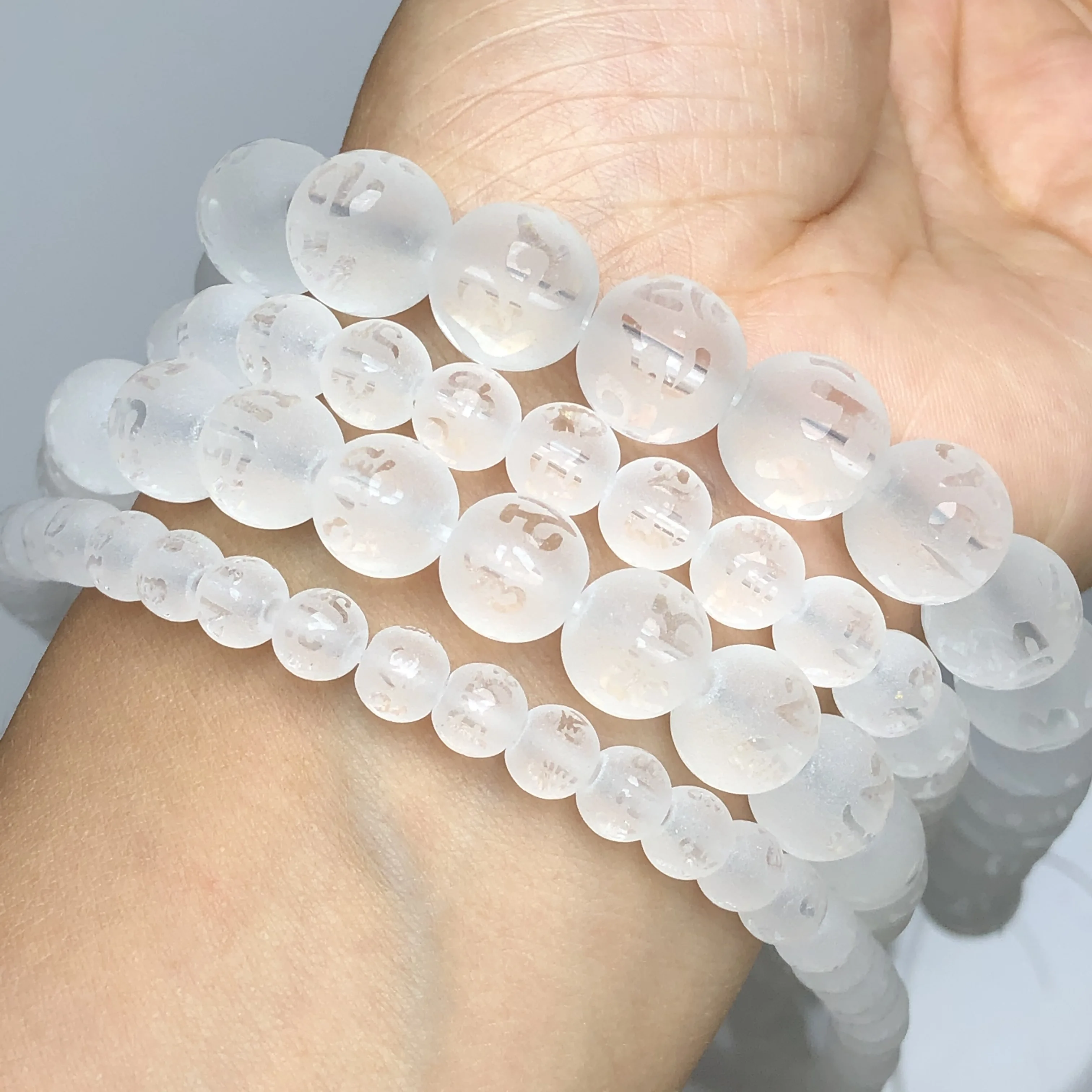 Natural Matte White Clear Six Word Mantra Prayer Buddha Crystal Glass Beads Round Charm Beads For Jewelry Making DIY Bracelet