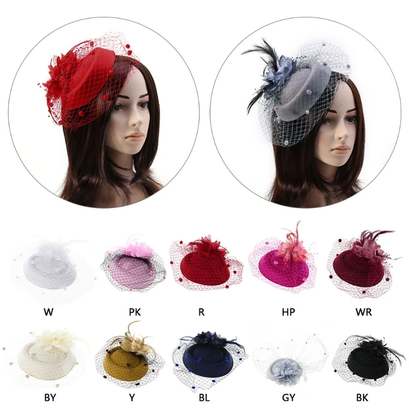 2018 Fashion Hot 1 Pc Women Fascinators Hair Clip Headband Girls Pillbox Hat Bowler Feather Veil Wedding Party New 10 Colors