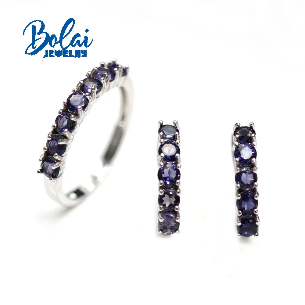 

Bolai 925 Sterling Silver Ring Earrings natural Iolite round 3.0mm set simple design suitable for everyday wear boutique jewelry