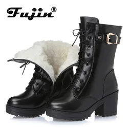 Fujin Genuine Leather Cow Wool Winter Warm Women Ankle Boots Chunky Heel Platform Motorcycle Lace up Motor Booties Footwear