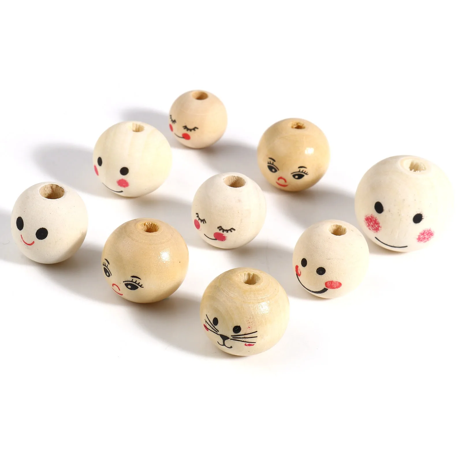 20-50PCs  Wood Spacer Beads Round Ball Beige Smile Pattern Loose Spacer Beads DIY Maing Necklace Bracelets Jewelry 18 19 20 25mm