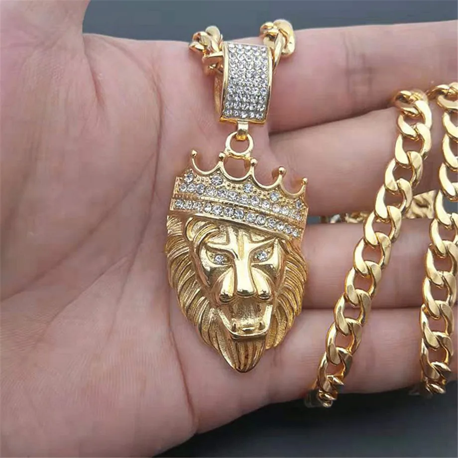 Hip Hop Lion Head Pendant Necklace Charm Gold Color Iced Out Cubic Zircon Animal Necklace For Men Jewelry Gifts Dropshipping