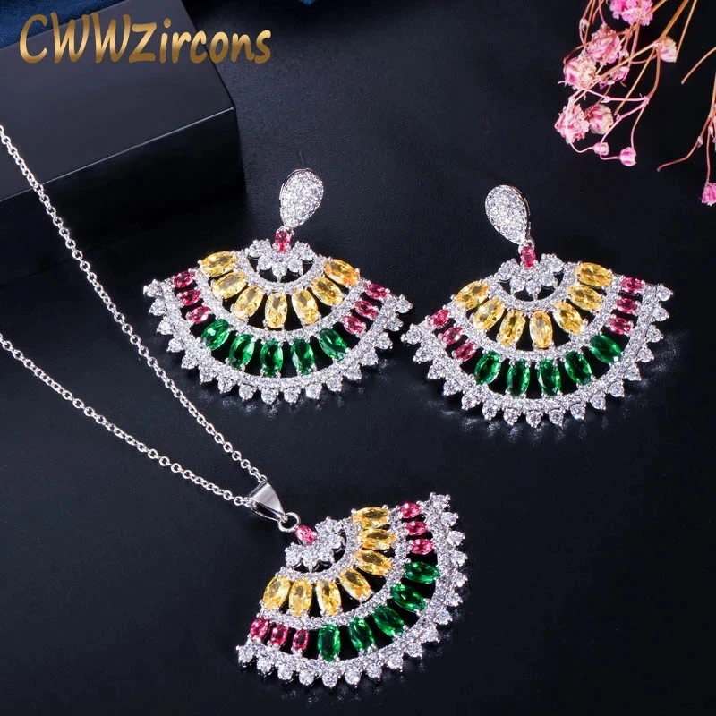 

CWWZircons Multi Yellow Green Color Cubic Zirconia Crystal Elegant Spike Fan Necklace and Earrings Women Brand Jewelry Sets T340