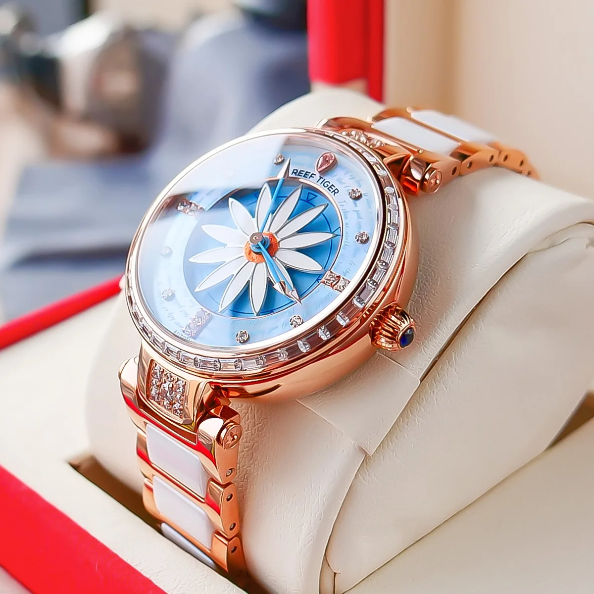 Reef Tiger/RT Fashion Lily Women Watch Rose Gold Diamonds Bezel Waterproof Watches Ceramic Strap Automatic Mechanical Watch