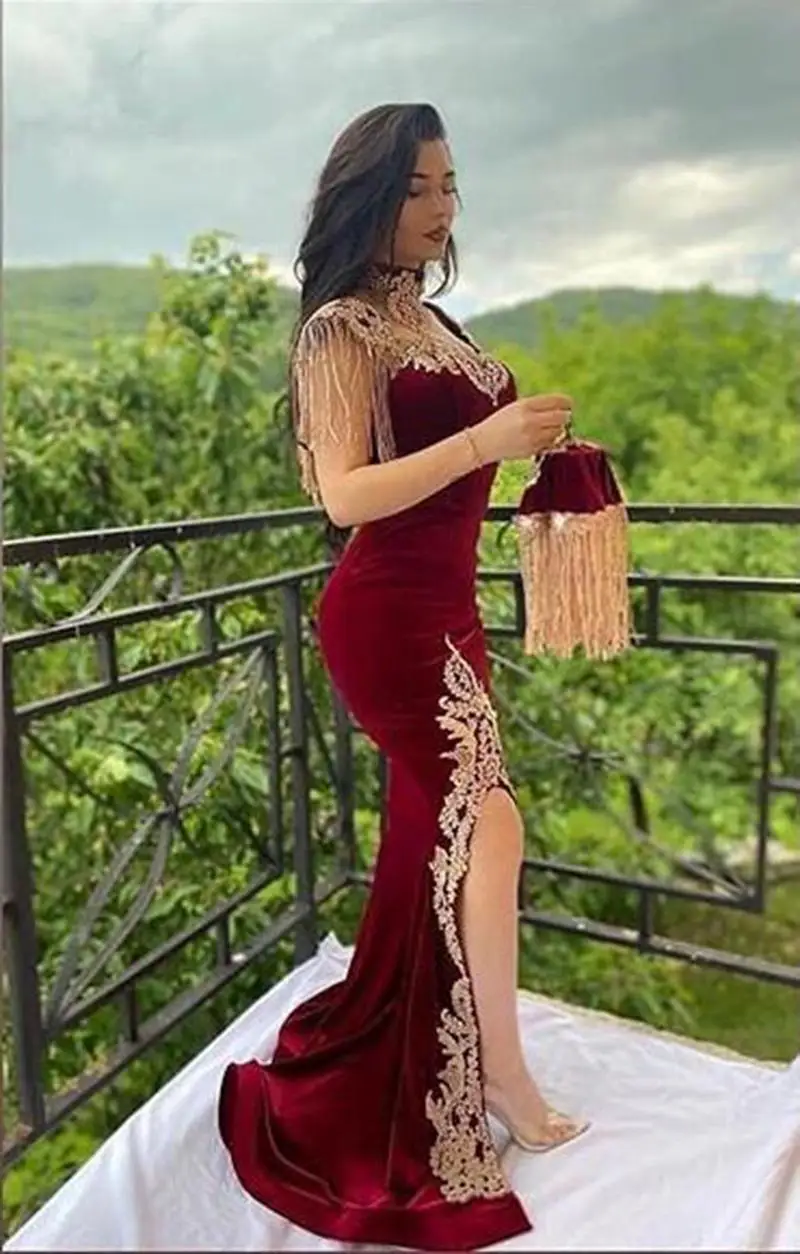 Arabic Mermaid Velvet Evening Dress Overskirt Split Applique Lace Prom Gowns High Neck Tassel Algerian Outfit 2022