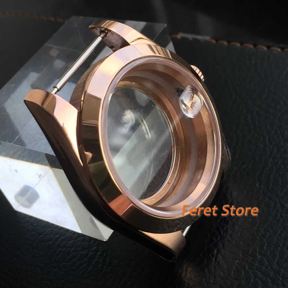 39mm Top Luxury Rose Gold Polished Bezel Watch Case Sapphire Glass Calendar window Fit NH35 NH36 MIYOTA 8215 Movement Glass Back