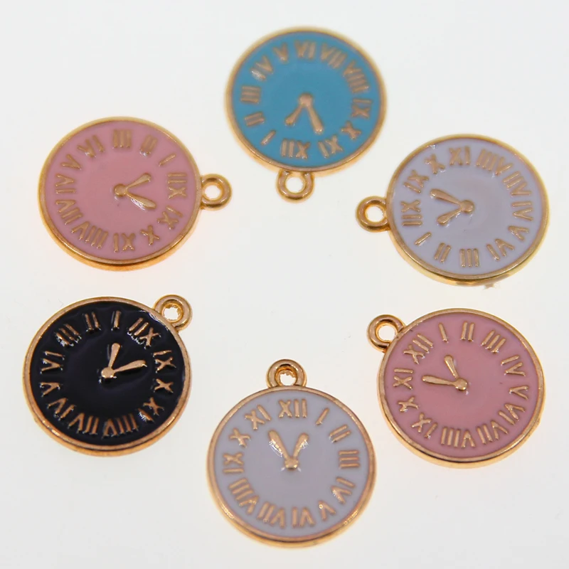 6PCS/Lot 15*17mm Fashion Small Clock Shape Charms  Gold Color Tone Enamel DIY Bracelet Floating Charms