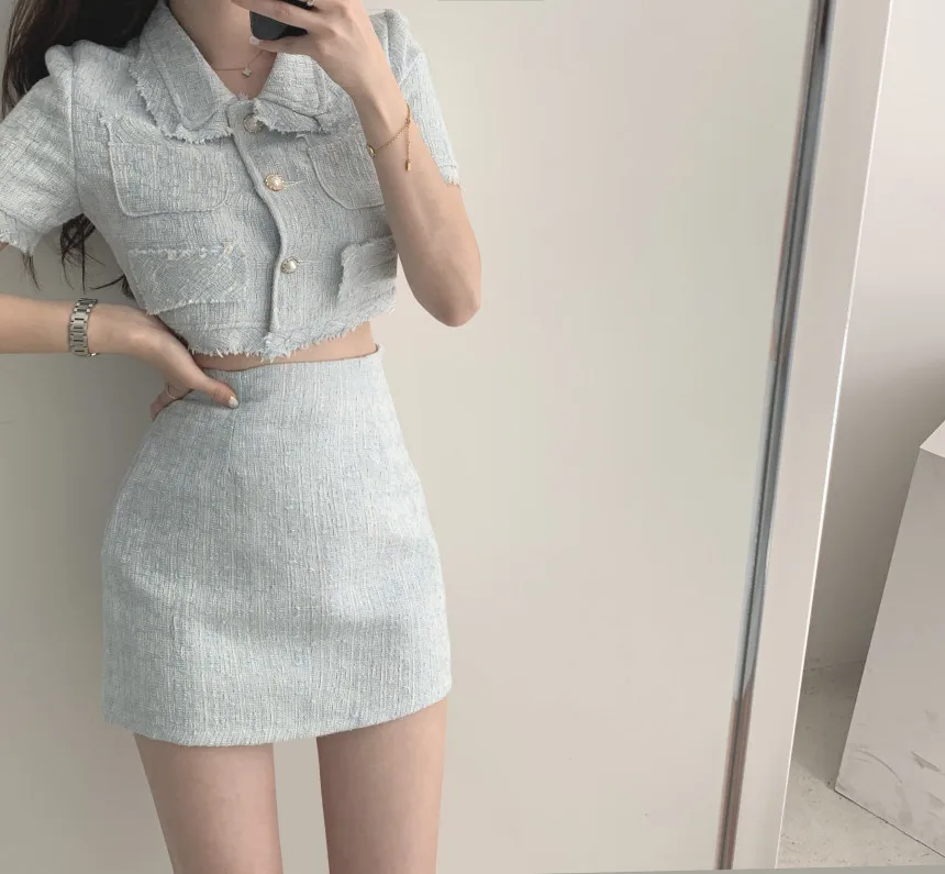 Women Summer Two 2 Piece Set Korean Style Elegant Single Breasted Tassle Short Sleeve Tops And High Waist Bodycon Mini Skirts