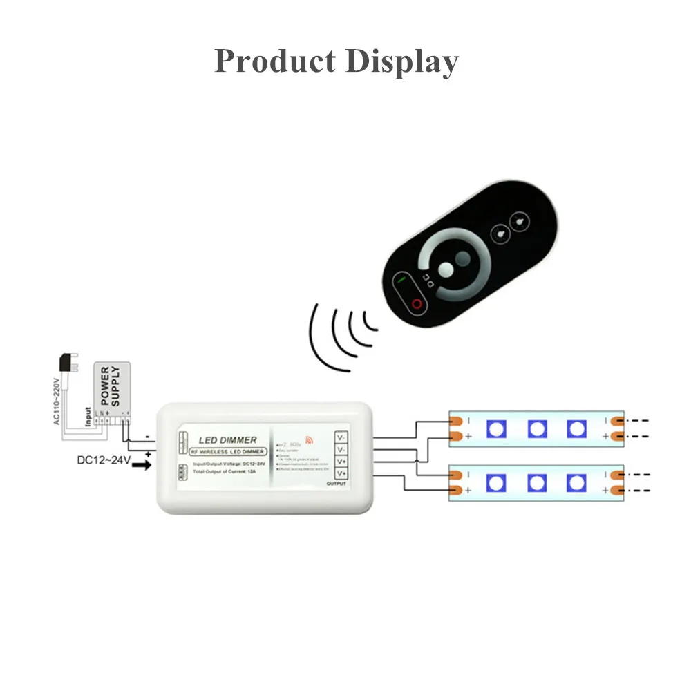 Touch Dimmer Single Color LED Controller DC12V 24V 8A 2 Channel Wireless RF Remote Controller for Single Color LED Strip Lights