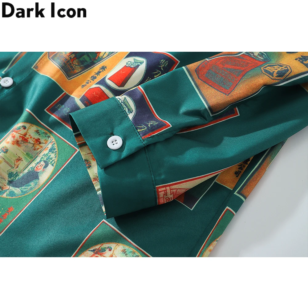 Dark Icon Vintage Printed Shirts Men Turn-down Collar Men\'s Shirt Streetwear Shirts for Man