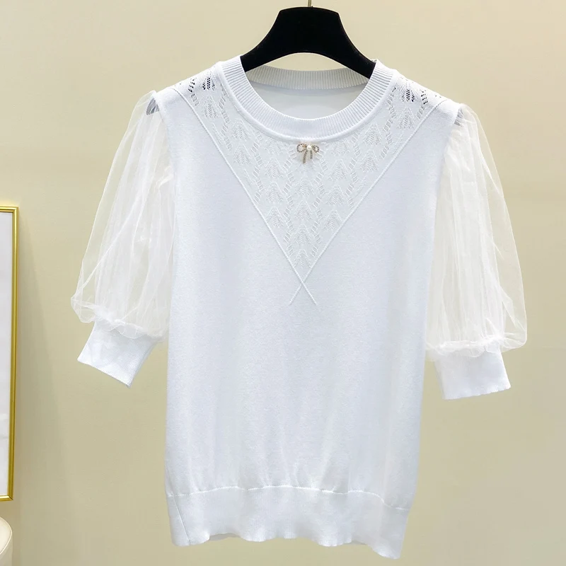 2022 New Summer Women Sweater O-Neck Solid color Lace sleeves Knitted pullover Short sleeve Female Casual Loose Jumper