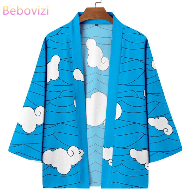 Yukata de estilo japonés para hombre y mujer, con estampado de nubes azules Kimono, cárdigan Harajuku, Cosplay tradicional samurái, bata Haori