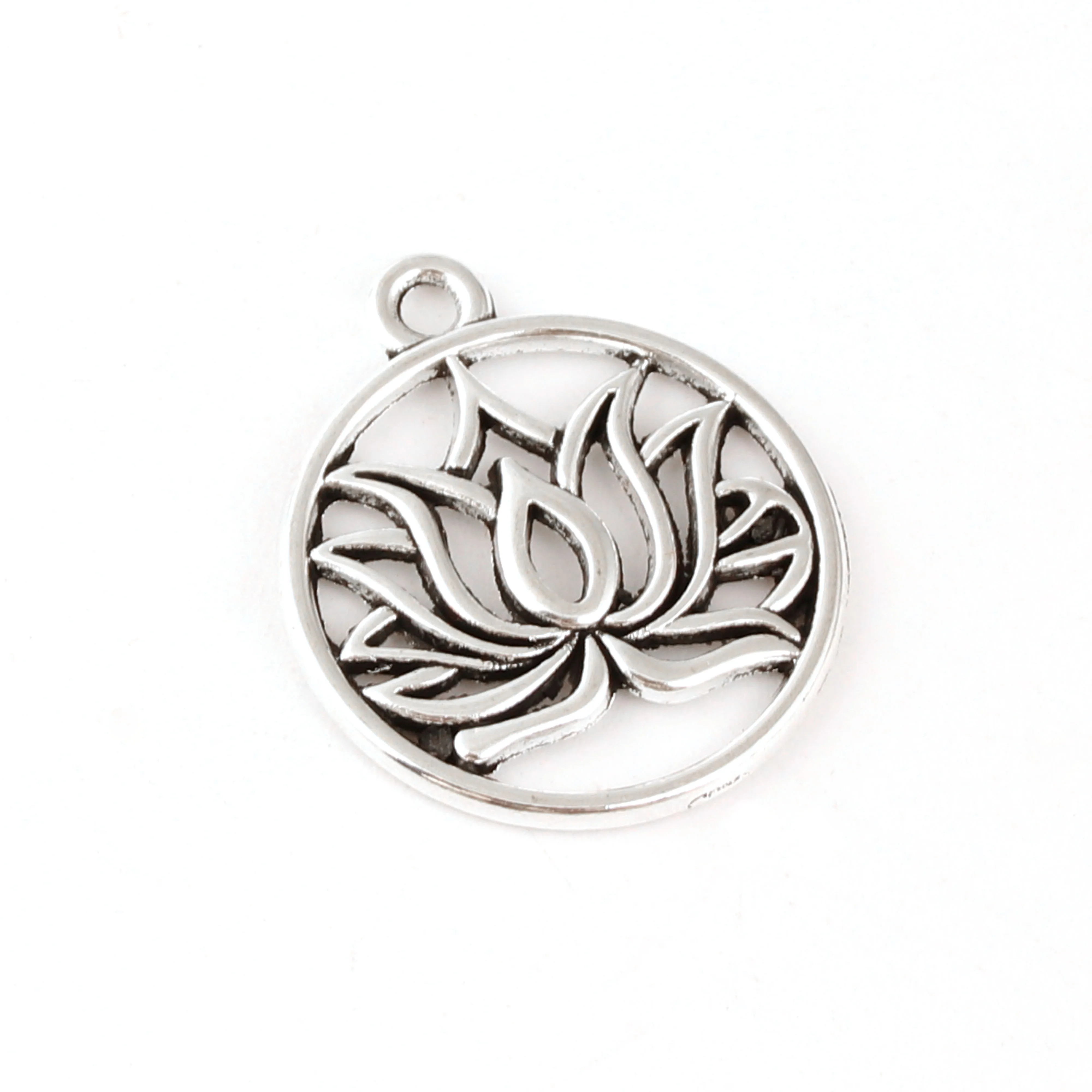 35Pcs  Silver Color Round Lotus Flower Charms Nature Yoga Pendant Making DIY Handmade Crafts Jewelry 22x19mm A534