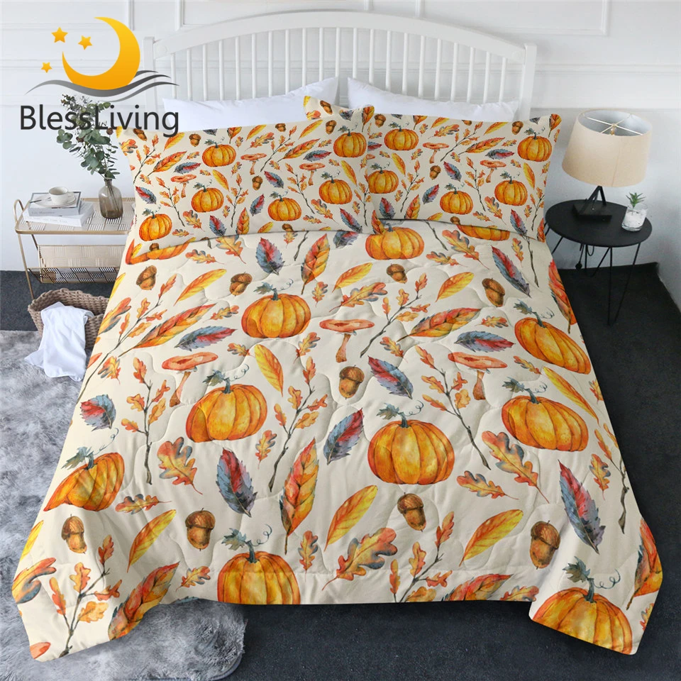 

BlessLiving Pumpkins Summer Quilt Golden Leaves Cool Blanket Mushrooms Bedding Autumn Bedspread Watercolor Edredones Dropship