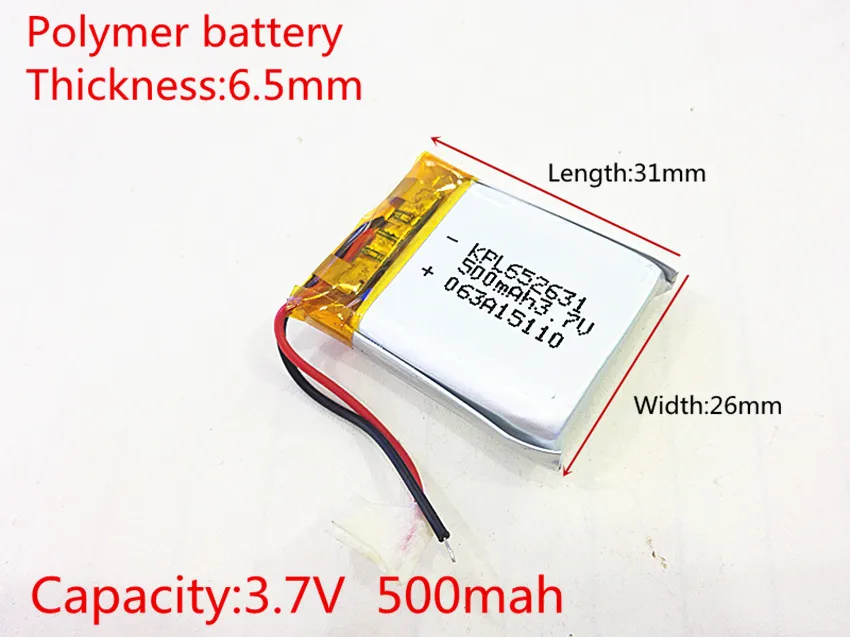 3.7V 500mAh 652631 litowo-polimerowa LiPo akumulator litowo-jonowy do Mp3 MP4 MP5 GPS PSP bluetooth części elektronicznej