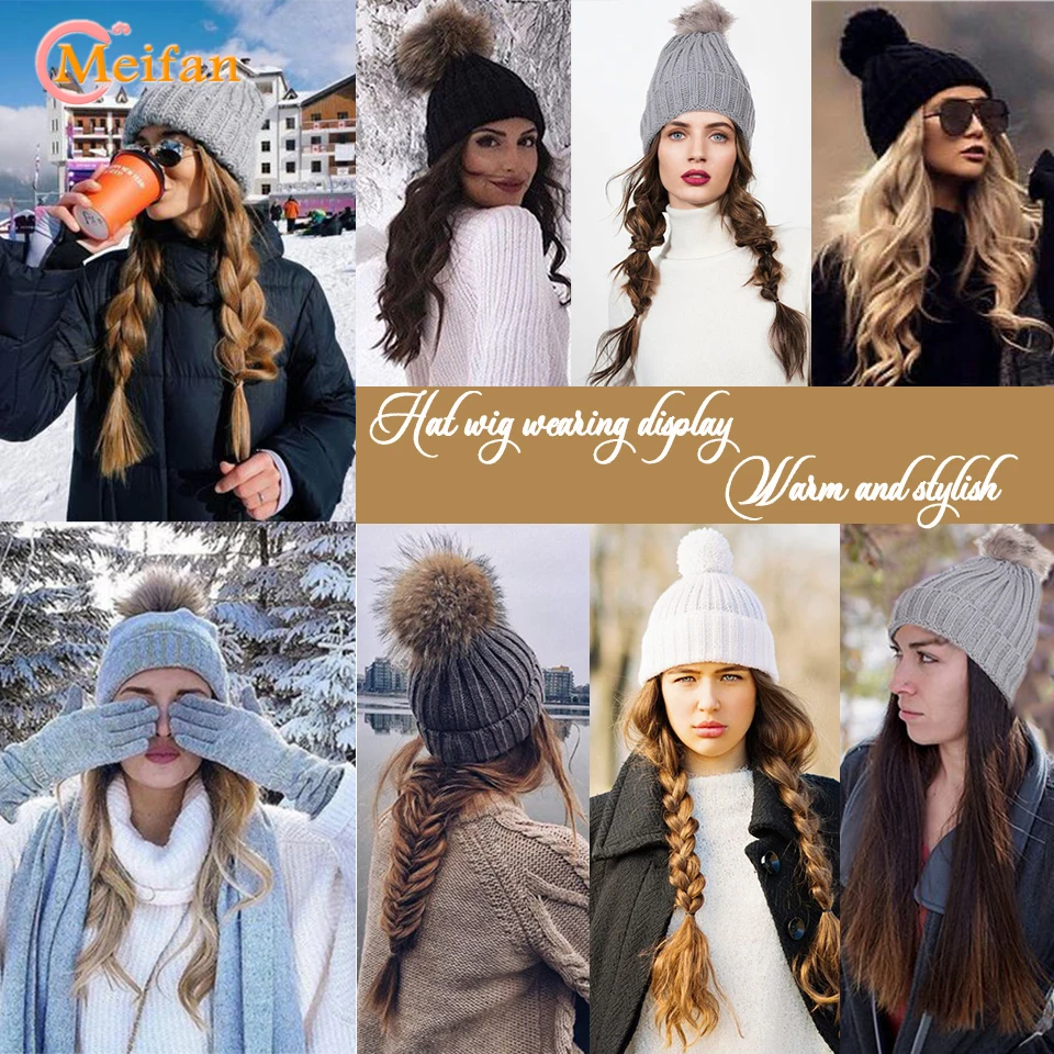 MEIFAN Beanies Knitted Warm Hat Wig Synthetic Long Water Wavy Curly Hairpiece with Hat for Women Fashion Warm Elastic Bonnet