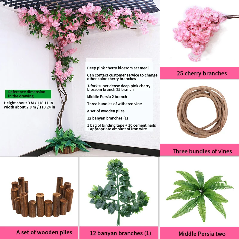 Artificial Cherry Blossom Tree Rattan Suit, Fake Flower Rattan Strip, Wedding Arch Decoration, Home Festival