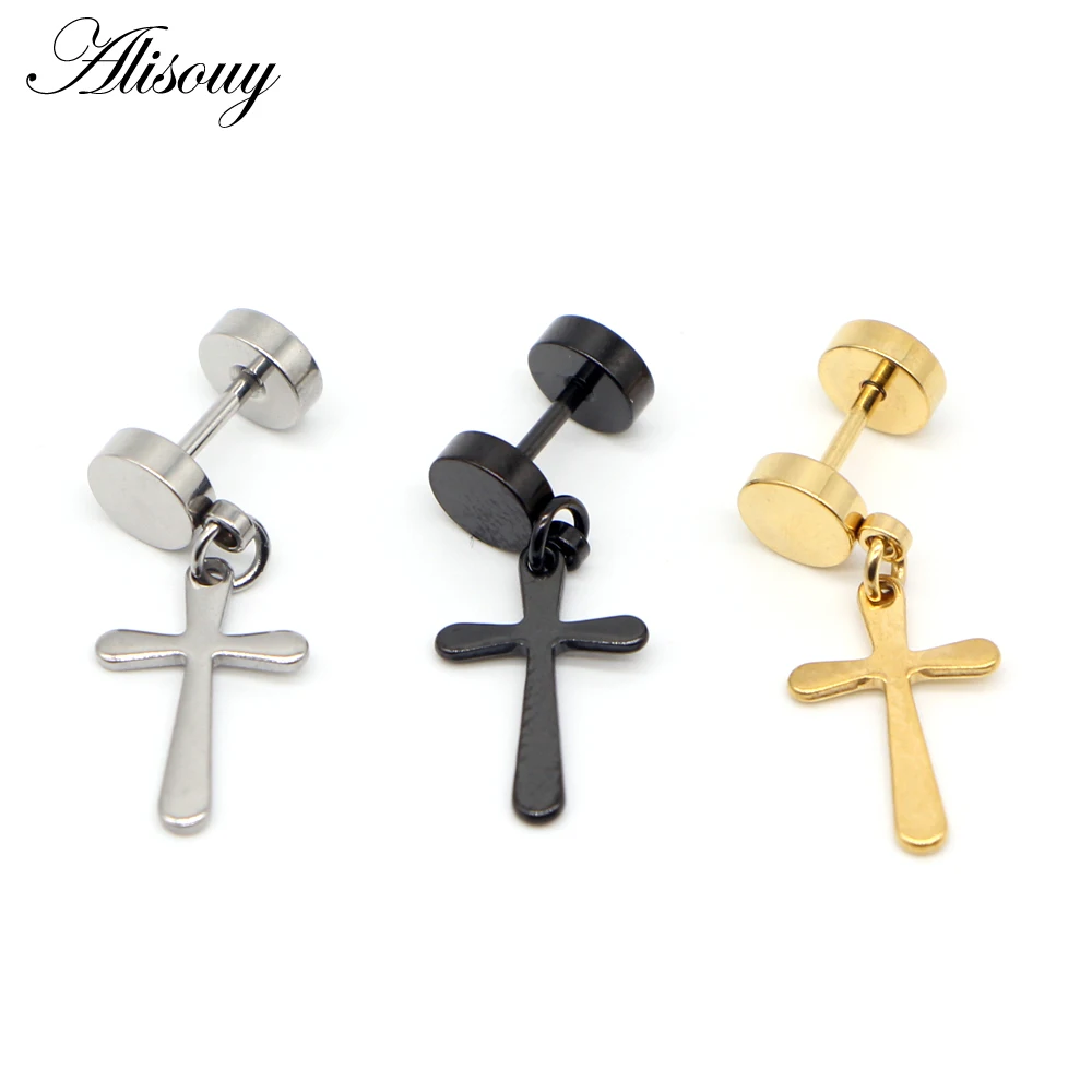 Alisouy 2pcs Stainless Steel Black Gold Color Dumbbel Barbells Cross Pendant Trendy Cool Men Women Unisex Ear Stud Earrings