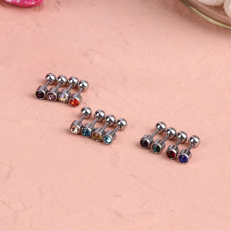 2Pcs Stainless Steel 4mm Ball Stud Earring For Men/Women Multi-color Crystal Ear Bone Nails Hypoallergenic Simple Ear Jewelry