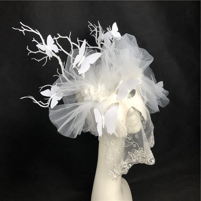 

Halloween Masked Singer Performance Anime Nightclub Bar White Veil Butterfly Mask Stage Party Accessories For Singer Models