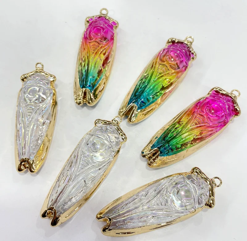 

Natural Gem Stone Quartz Crystal Rainbow Golden Edge Carved Cicada Pendant For DIY Jewelry Making Necklace Accessories 6Pcs