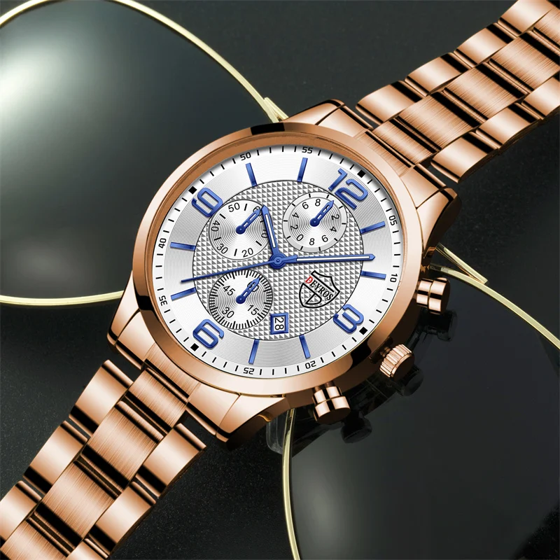 reloj hombre Reloj de lujo de acero inoxidable para hombre, cronógrafo de cuarzo y cuero, luminoso, dorado, para negocios