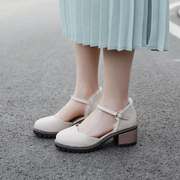 kawaii women shoes Thick heel Sandals round head cosplay shoes student loli cos summer sweet lolita shoes sweet lace stitching