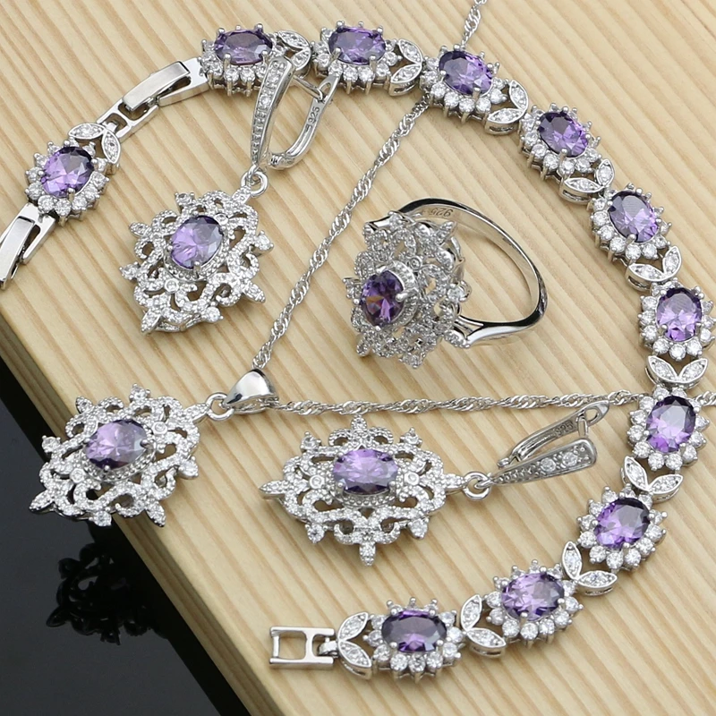 

Romantic Women Anniversary 925 Silver Jewelry Sets Purple amethyst Earrings Rings Fashion Necklace Set Dropshipping