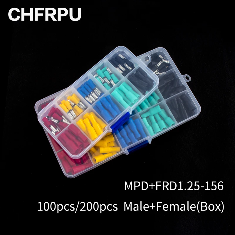 

100/200pcs bullet type Insulated Electrical Connector，Crimp Terminals，Male Female Wire Connector FRD MPD 1.25-156 5 color mix