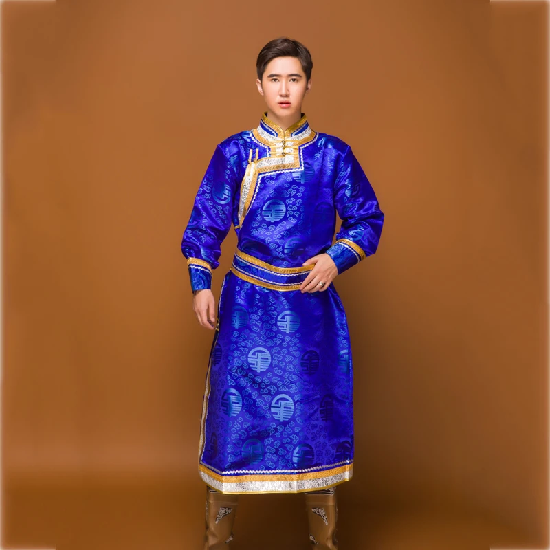 Mongolia clothes male national blue Gown adult mongolian Robe grassland festival stage wear ethnic costume