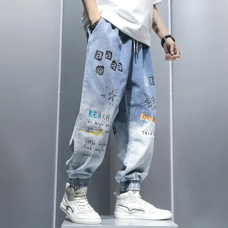 Graffiti Printing Jeans Men\'s Gradient Hip Hop Trousers Harem Cartoon Loose Casual Ankle Banded Pants Cargo Denim Jeans for Men