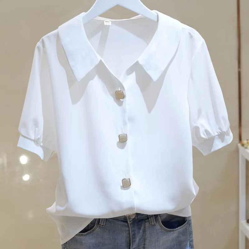 Blusas Mujer De Moda Elegant Solid V-neck Chiffon Shirt Women\'s Short Sleeve Loose Clothing Tops Female White Blue Blouse 2354