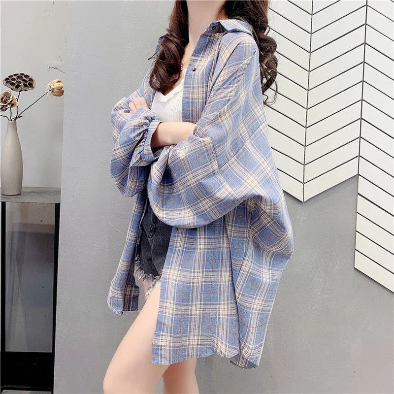 Women Blouses Plaid Turn-down Collar Female Autumn Long Sleeve Blouse Shirts Vintage Loose Street Lady Korean Oversize Top