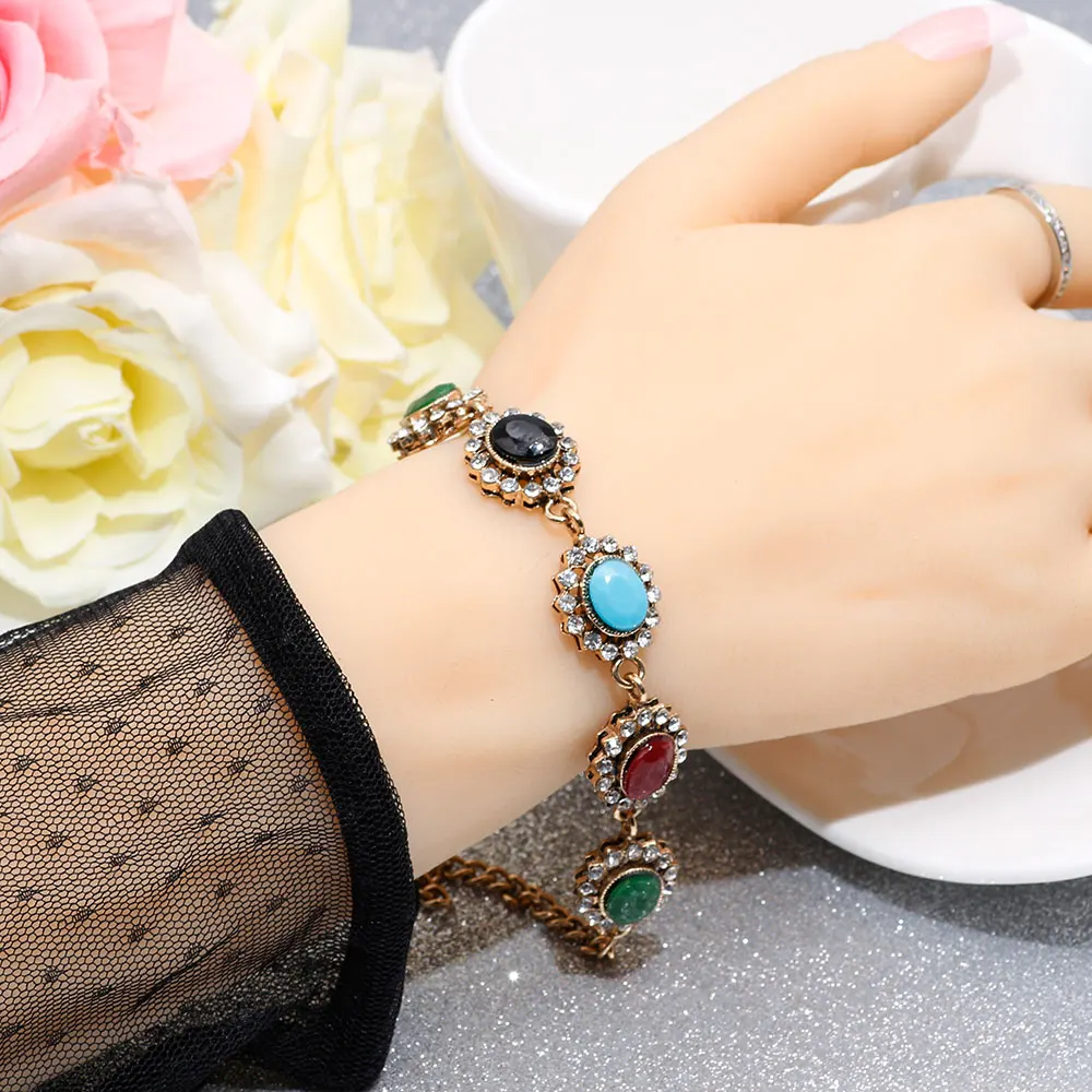 SUNSPICE MS Vintage Bracelet Turkish Women Resin Link Wrist Chains Antique Gold Color Nostalgic Rhinestones Jewelry Bohemia Gift