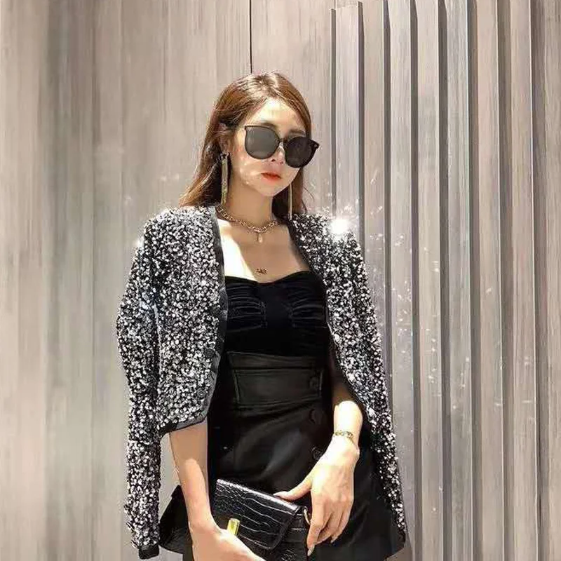 Jacket Sequins Office Lady V-Neck Single-Breasted Long-Sleeve Short Coat Elegant Autumn Winter Outerwear Solid Slim Fit Women