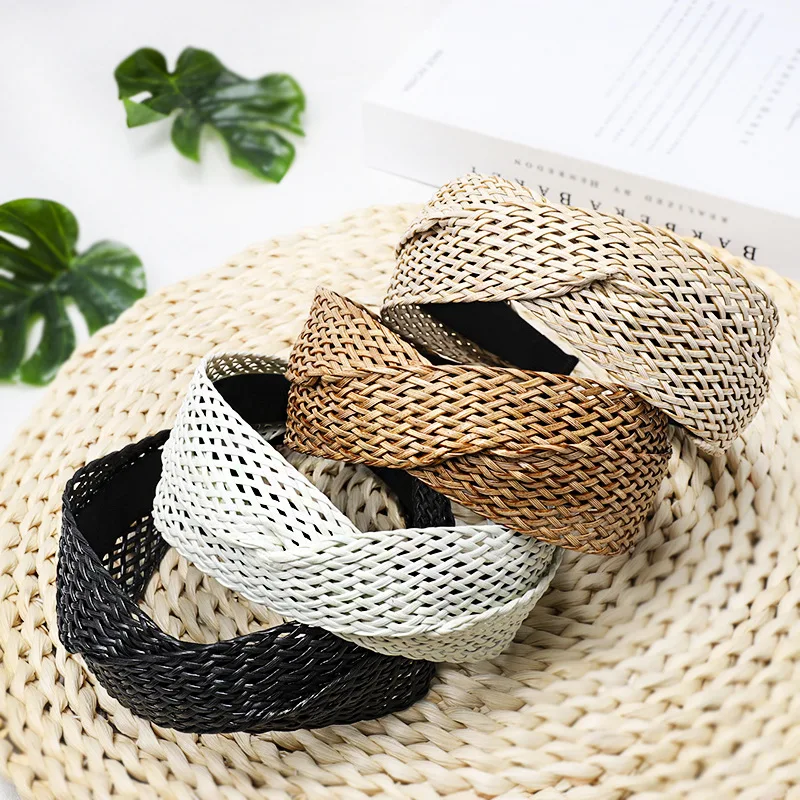 Beach Style Straw Headband Bohe Hair Band Weaving Cross Hair Hoop Summer Women Hairband Wide-Brimmed Headwear Hair Accessories