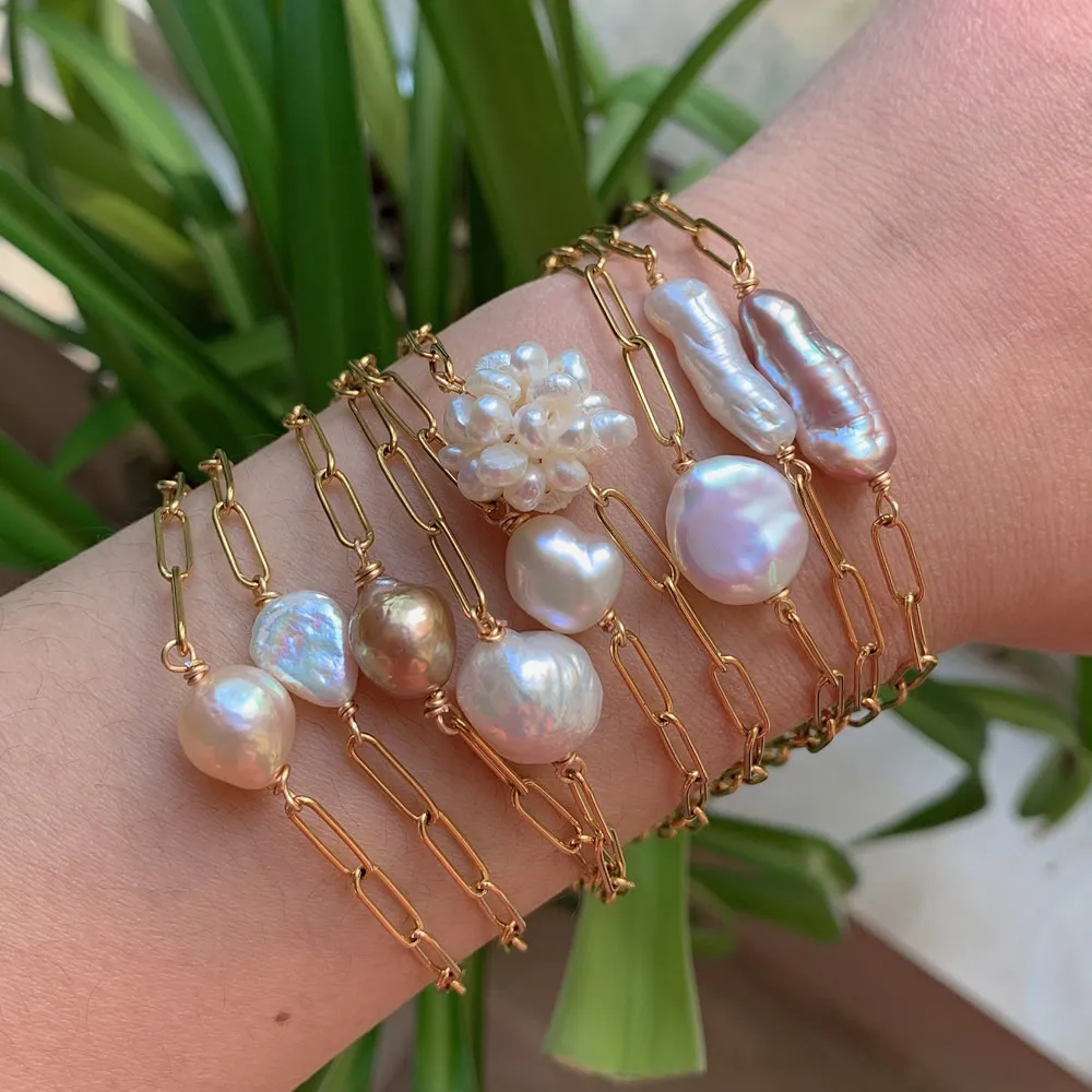 Natural Freshwate Pearl Bracelet Gold Color Stainless Steel Chain Irregular Baroque Pearl Charm Bracelet for Women Wedding Party