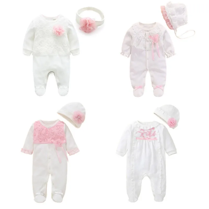 2020 New born baby girl footies spring cotton baby girl clothes set with headband 0 3 6 months baby girl outfit ropa de bebe