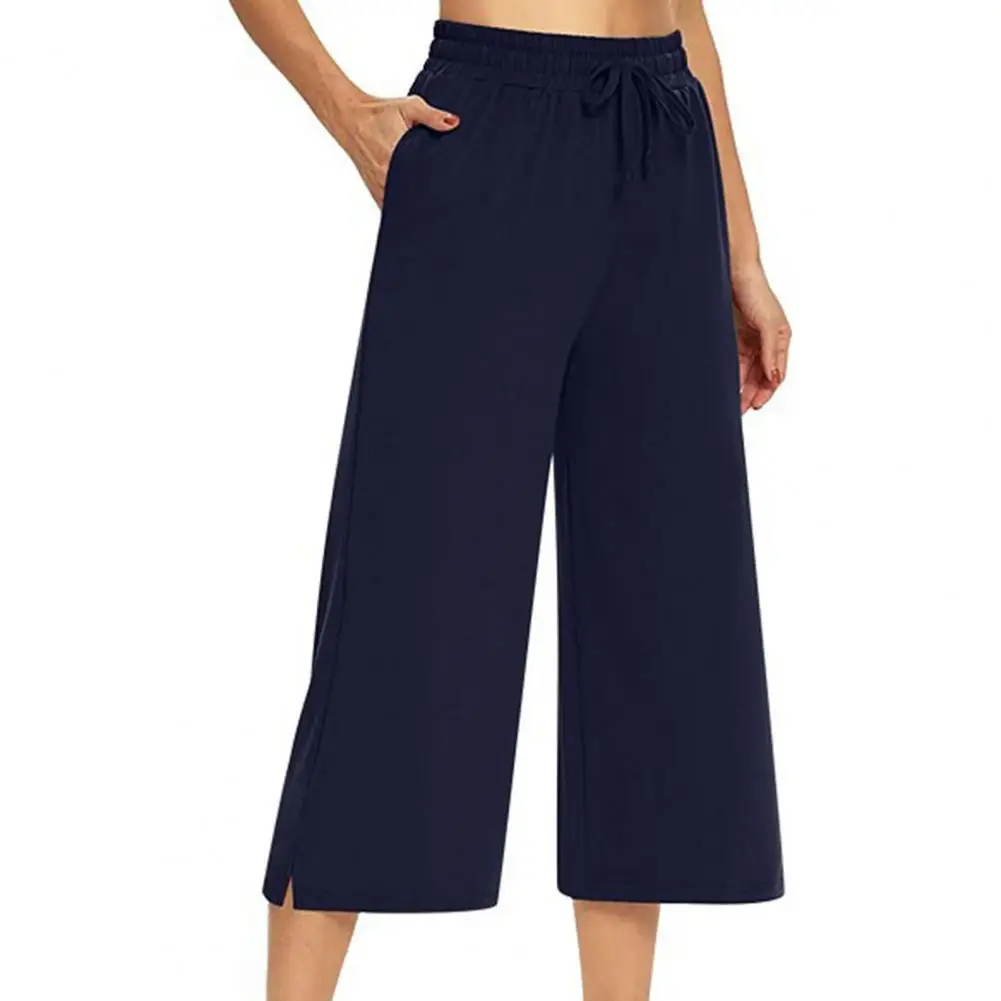 Summer Women's cropped trousers Wide Leg Solid Color Soft Drawstring Pockets Elastic Waist Women Streetwear Pants 2021