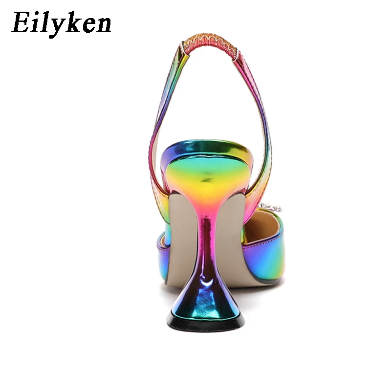 Eilyken Rainbow Color Pumps Sandals Women Pointed Toe Sun Style Rhinestone High Heels Weeding Spike Heel Slingback Shoes