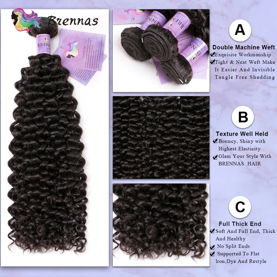 Extensiones de cabello humano rizado para mujer, mechones de cabello humano brasileño, Color Natural Jerry, 3 mechones, 1B