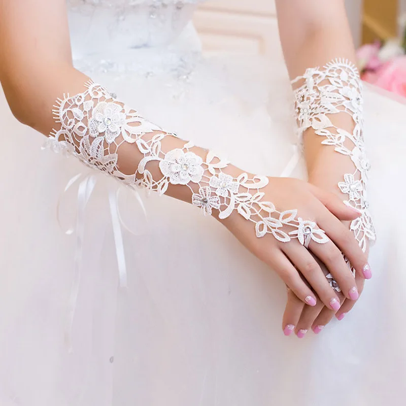 In Stock Lace Gloves Lace Appliques Beads Ivory or White Fingerless Beads Gloves Crystals Lace Glove