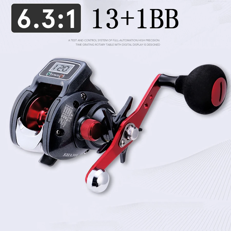 Heavy Duty 6.3:1 13+1 Ball Bearing LED Digital Display Screen Baitcasting Line Counter Casting Reel Fishing Line Counter Reel